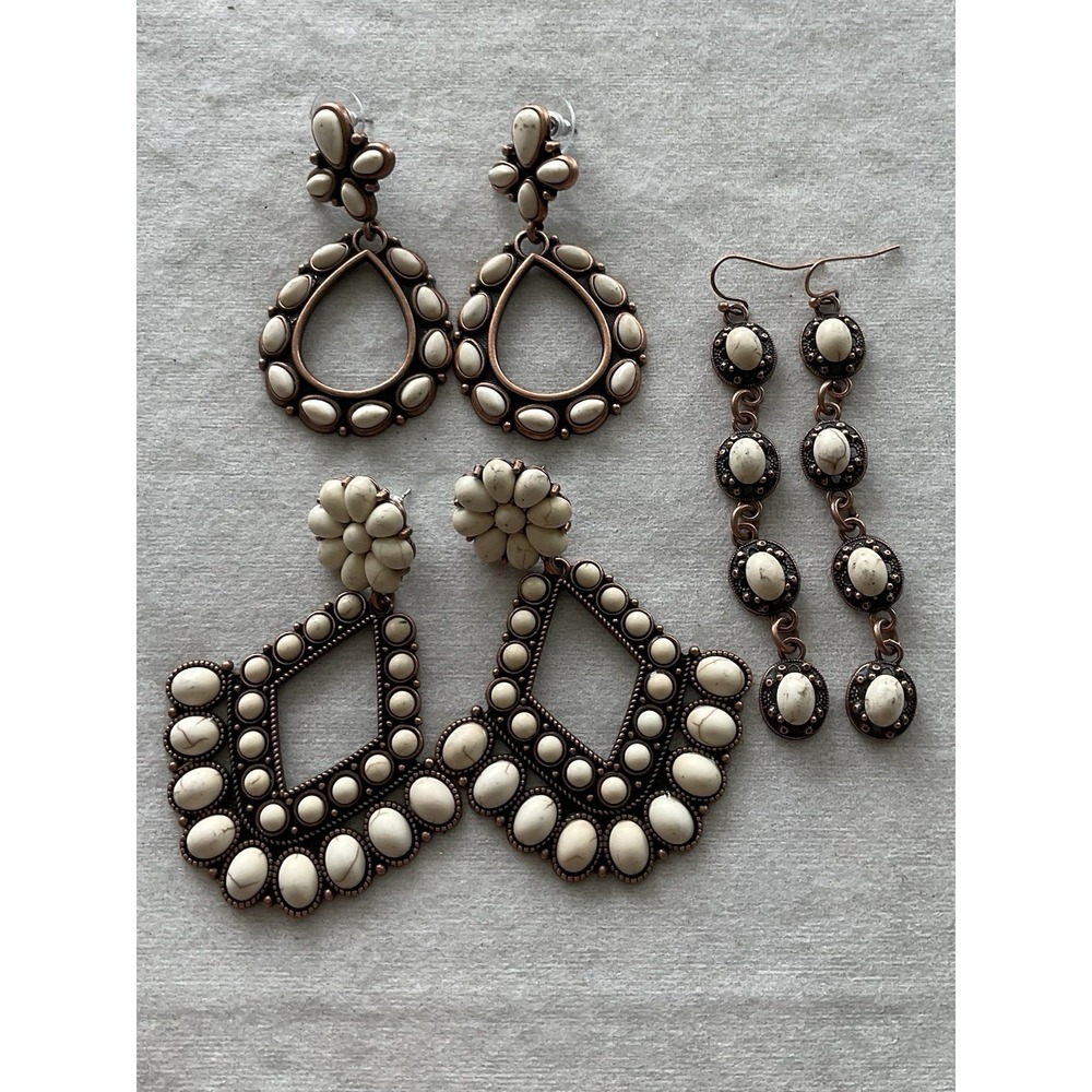 Lot Of 3 Pairs Copper Tone Dangle Drop Pierced Earrings White Stones Vintage